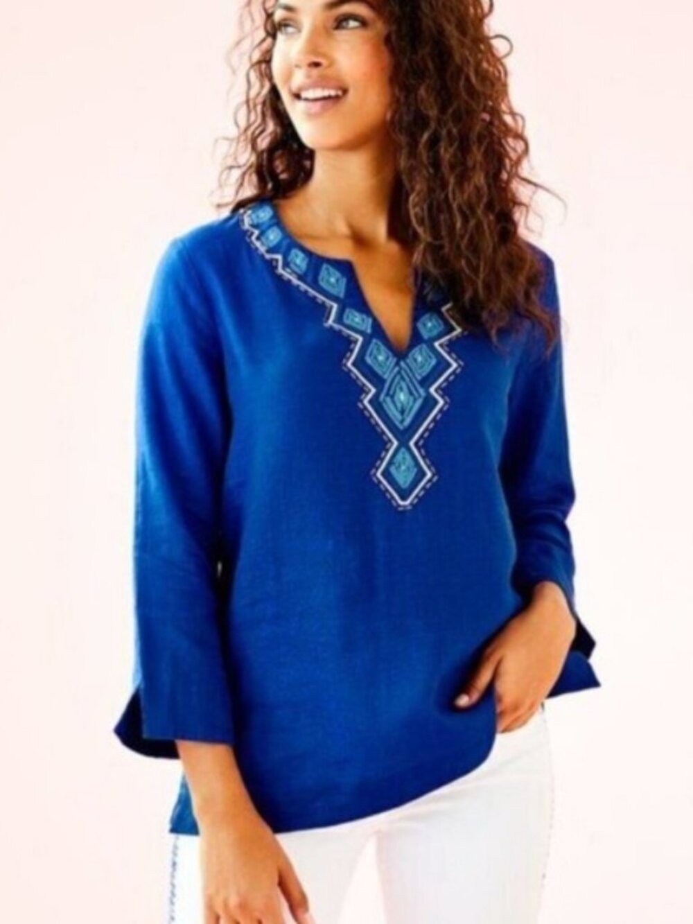 Lilly Pulitzer Amelia Island Tunic Linen Embroidered Boho Coastal Resort Blouse